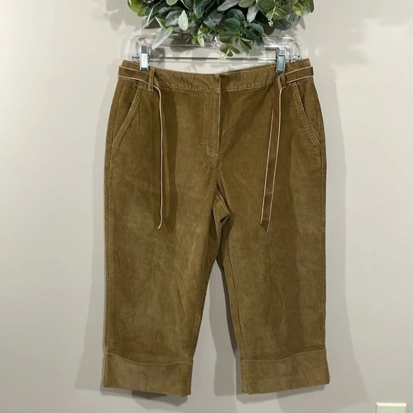 Talbots Pants - Talbots Petites Stretch Corduroy Cuffed Capri Brown Velvet Ribbon Belt 8